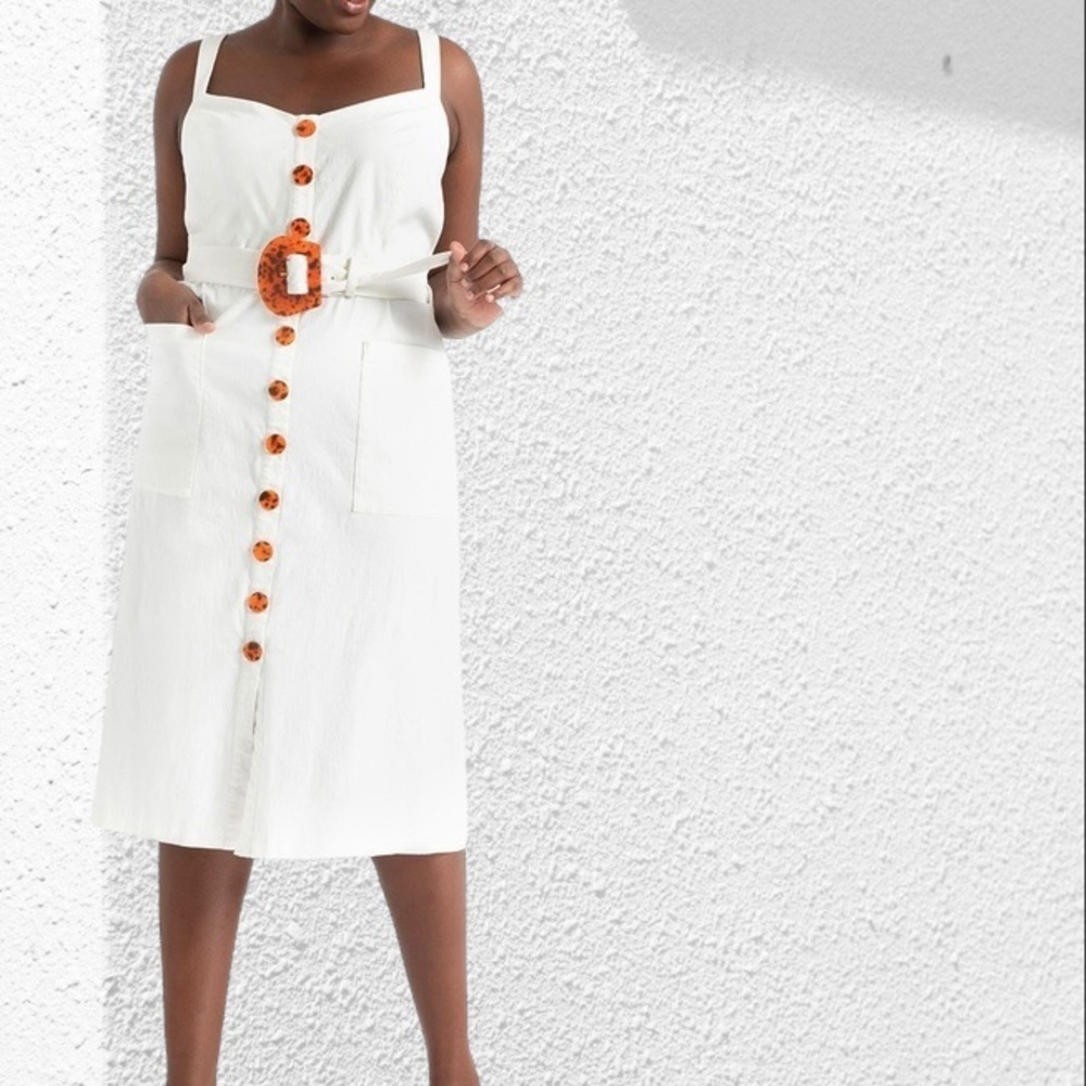 Eloquii White Midi Dress with Tortoiseshell Buttons and Belt